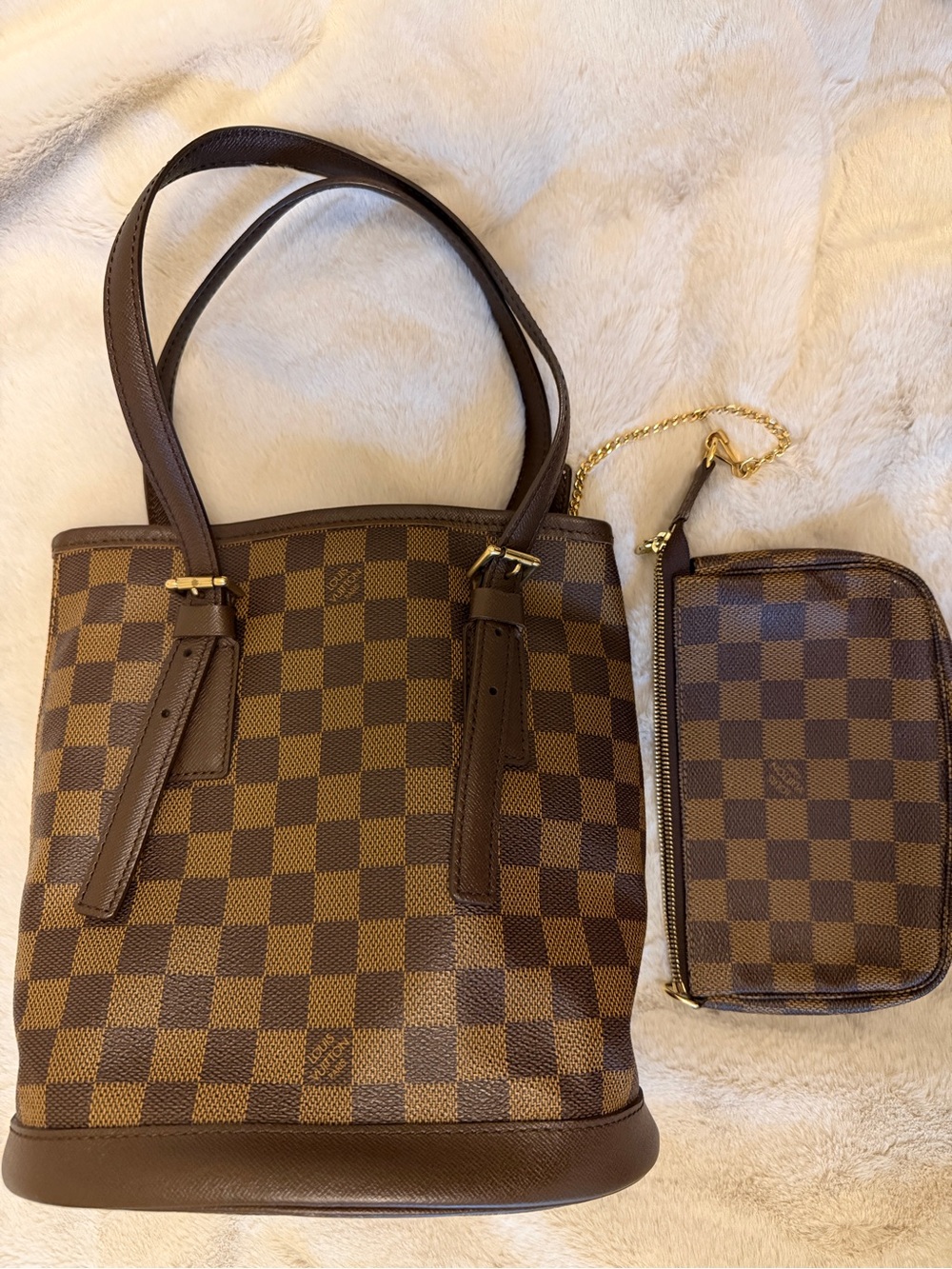 Louis Vuitton Brown Checkered Tote with Matching Wristlet